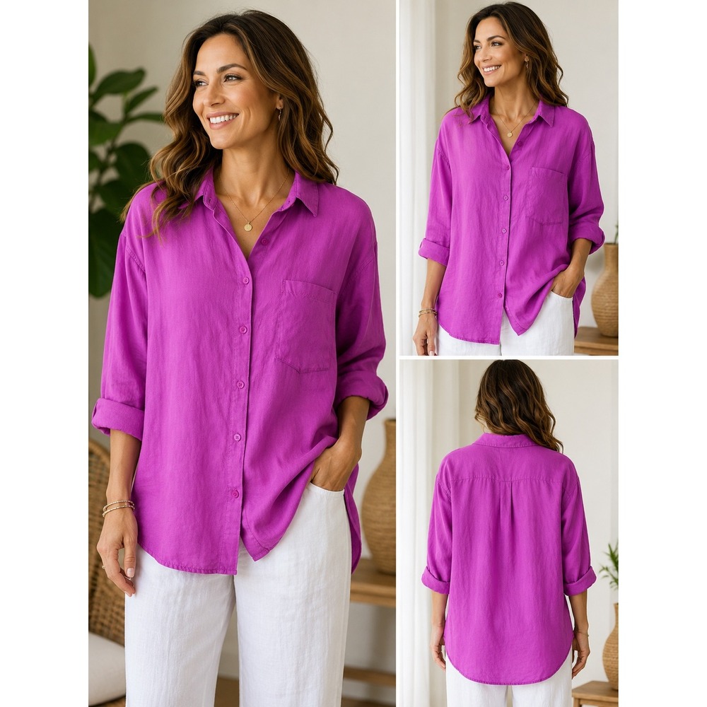 Athleta L Linen Oversized Relaxed Fit Tunic Magenta Pink Button Down Shirt Large